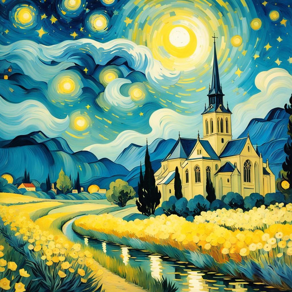 Starry Night Sky Landscape as Oil Painting