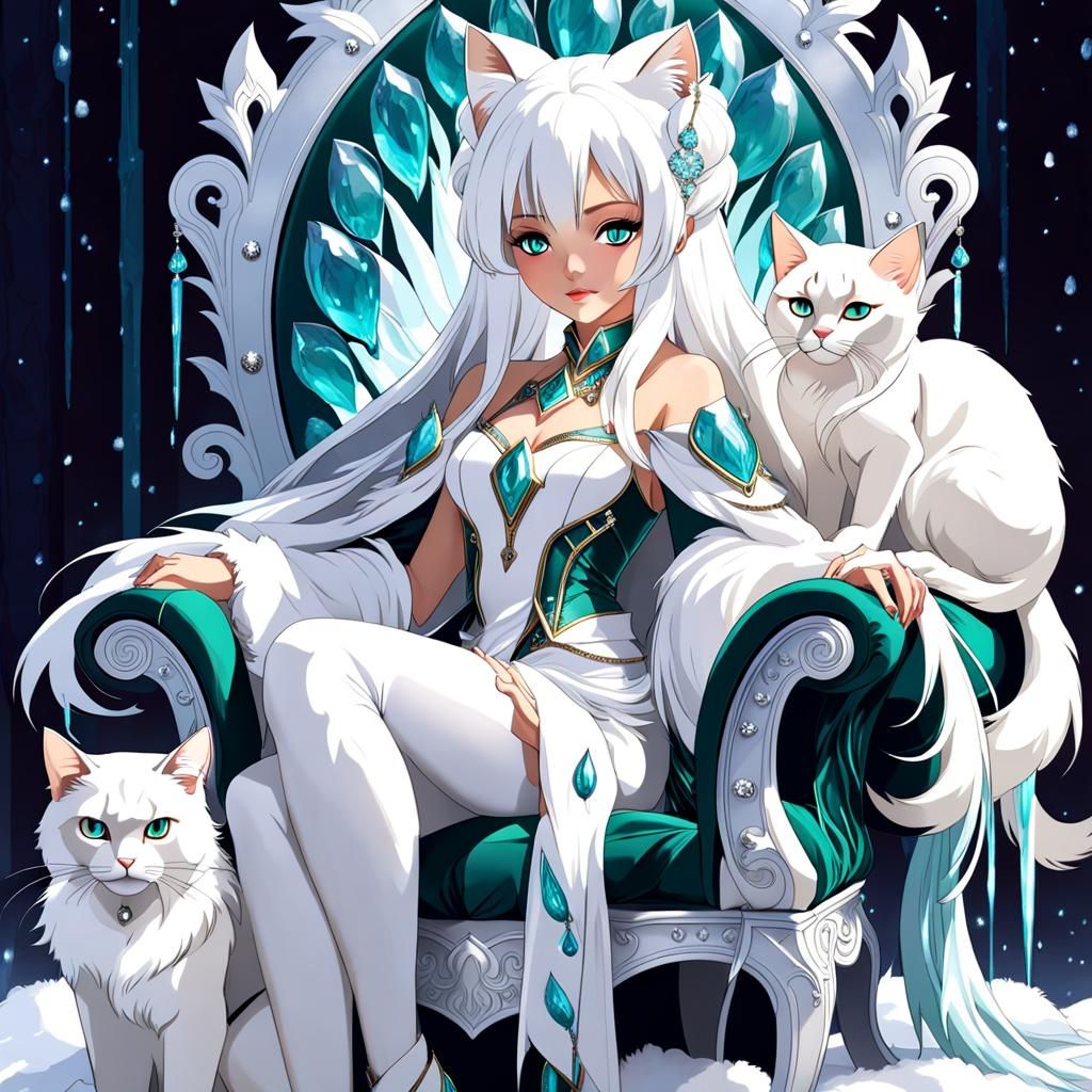 Ethereal Ice Queen on Throne with Burmese Cat