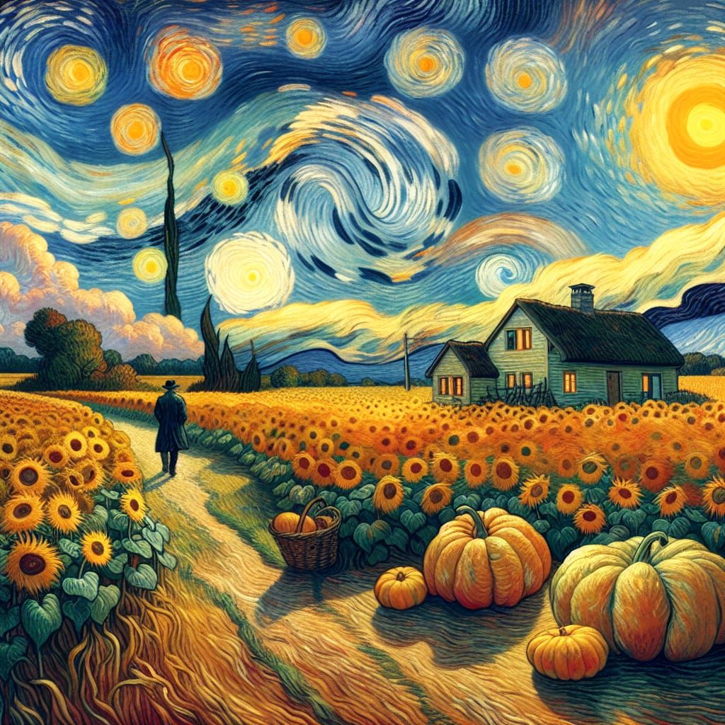 In the style of Vincent van Gogh, envision a serene countrys...