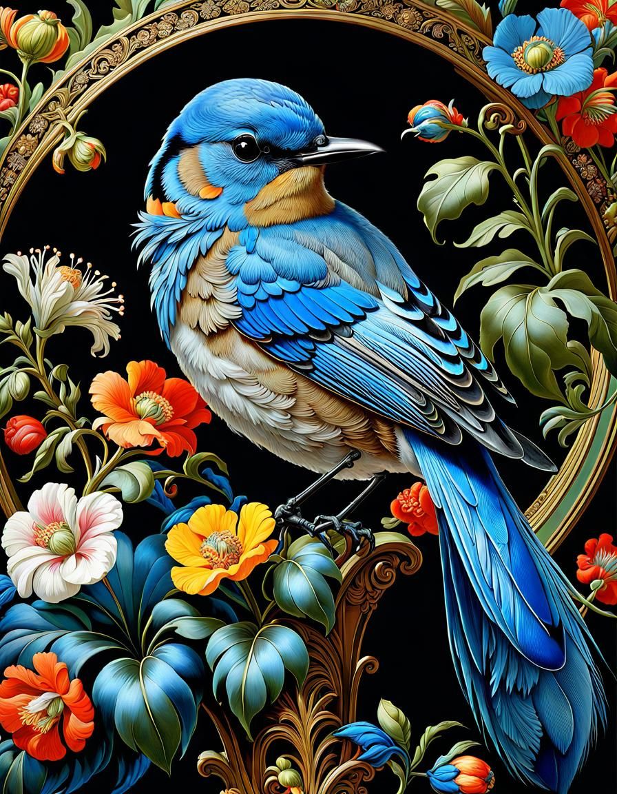 Blue Bird in Baroque Flower Garden