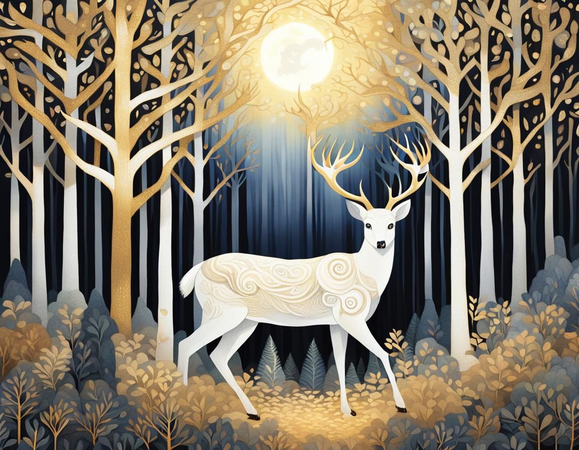 Mystical Forest Scene with White Deer as Cloisonnist Illustr...