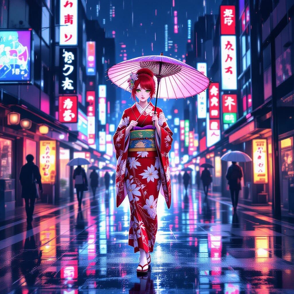 Cyberpunk Kimono: Anime Woman in Neon City
