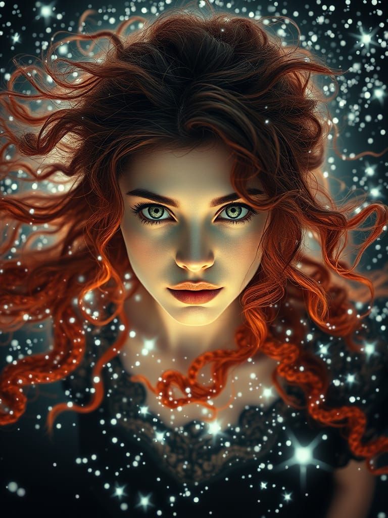 Surreal Woman in Star Vortex: Rembrandt-Style 3D Render