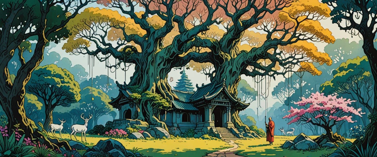 Watercolor Forest Temple with Monks and Deer