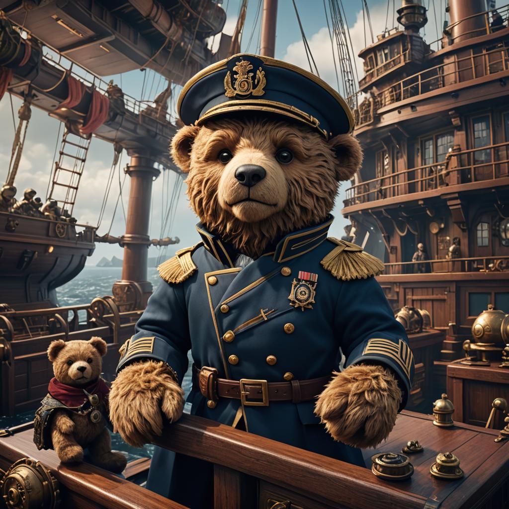 Teddy Bear Admiral on Ship, Detailed Matte Painting