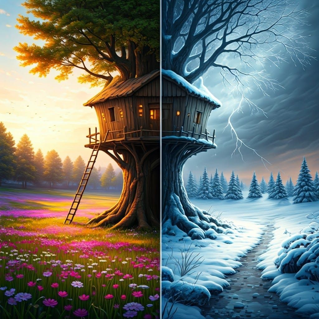 Split Screen: Frozen Winter Meets Flowery Spring