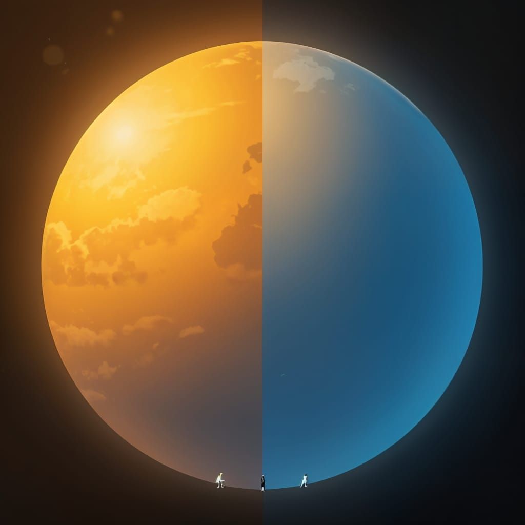 Woman on Globe at Dawn and Dusk in Atmospheric Style