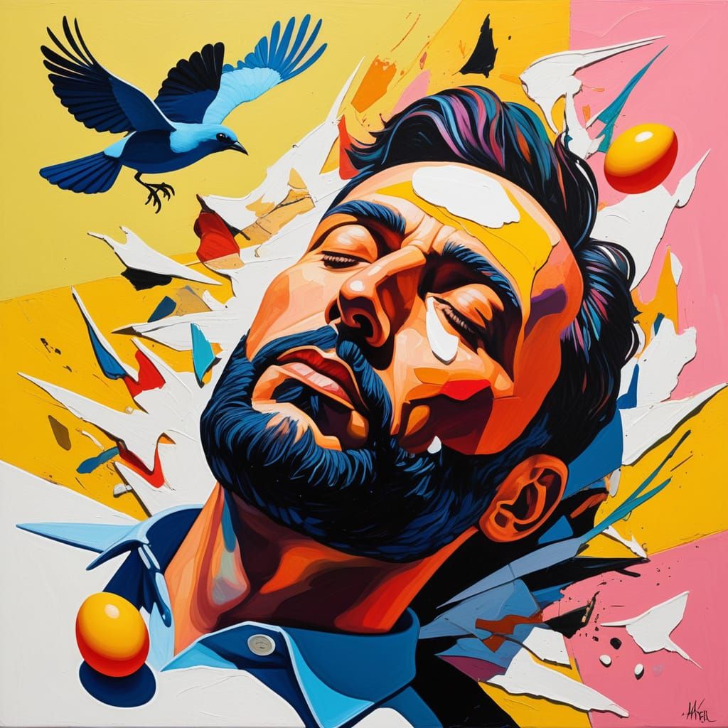 Surrealist Bird Dances on Sunbather's Head