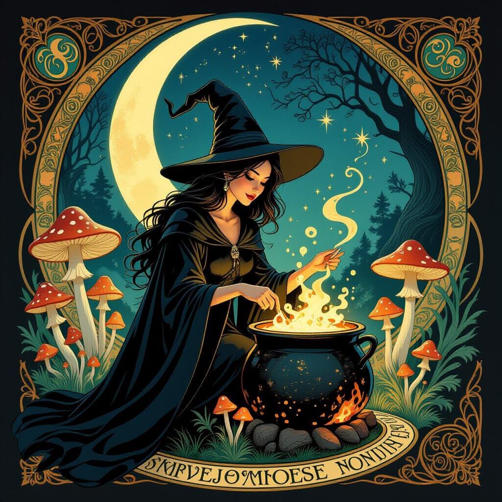 Enchanting Witch Brews Under the Moon, Art Nouveau Style