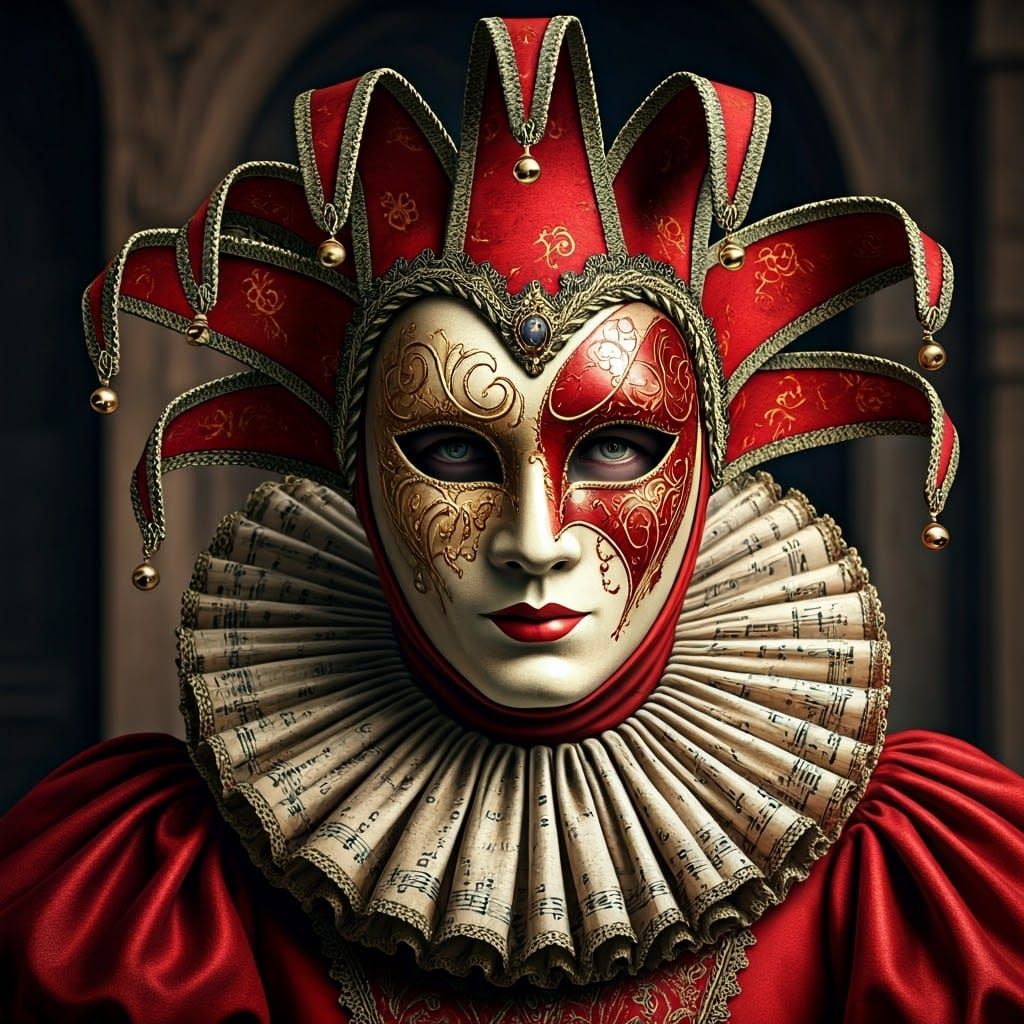 Ornate Jester Mask with Musical Collar in Hyperrealistic Sty...