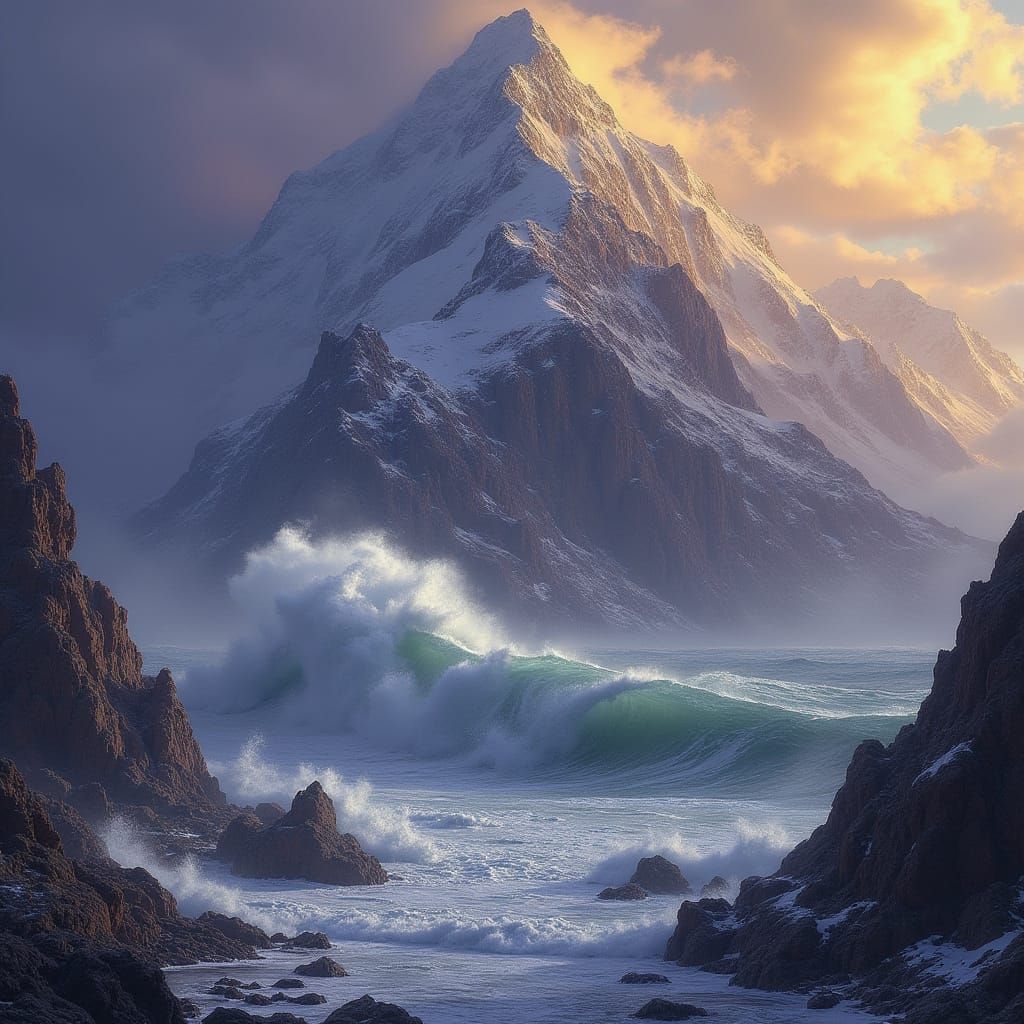 Tsunami Crashing Mountain in Dark Fantasy Style