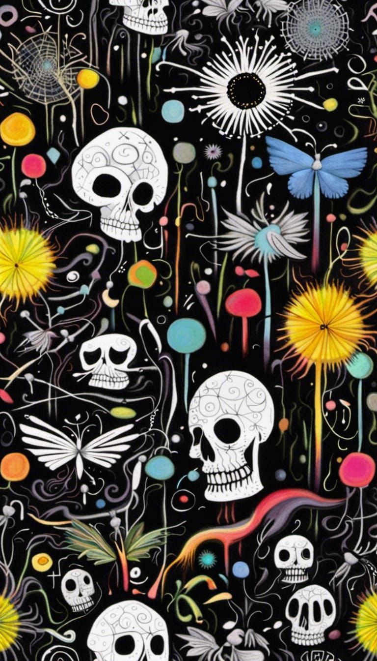 Surreal Dandelion Dreamscape with Skulls and Fairies
