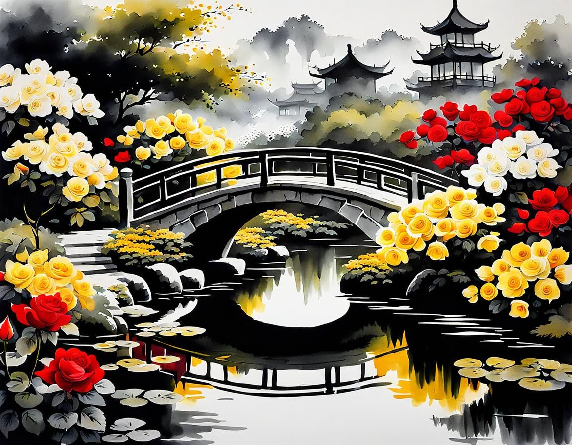 Chinese Ink Painting of Roses in Garden