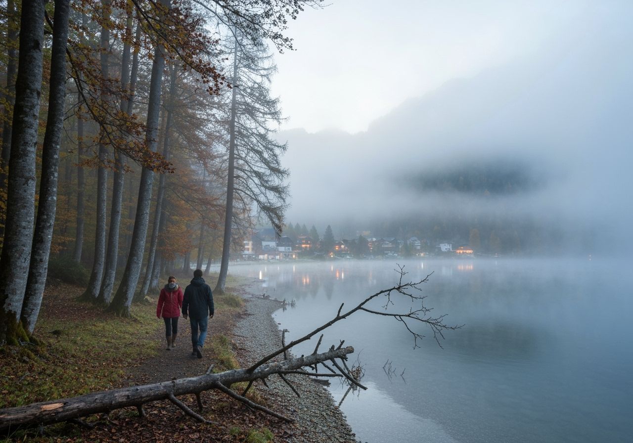 Misty Autumn Forest Walk by Alpine Lake