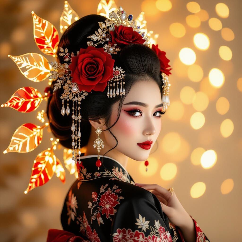 A breathtaking portrait captures a figure in traditional Asian-inspired styling, adorned with an elaborate headpiece tha...