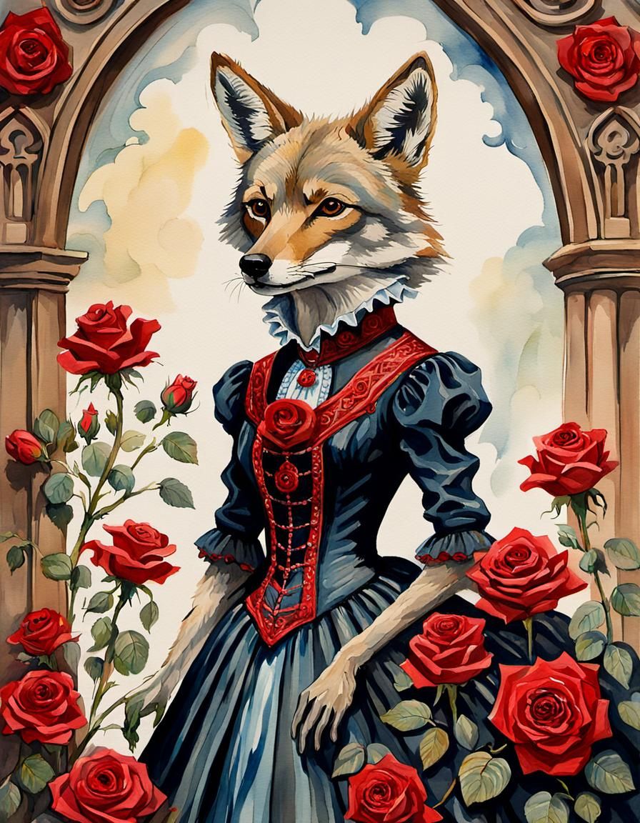 Coyote in Quinceanera Dress, Gouache and Watercolor Style