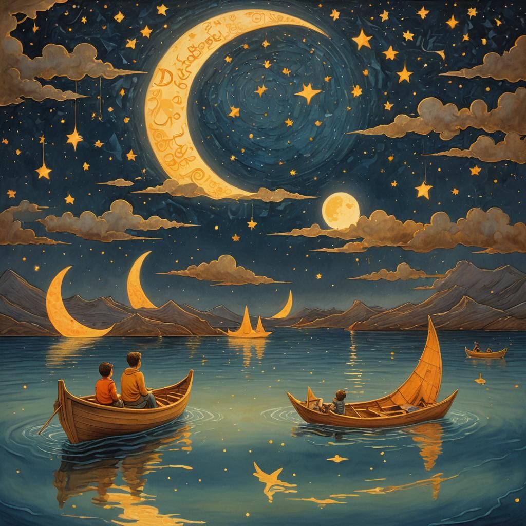 Boy on Crescent Moon Boat Under Starry Sky