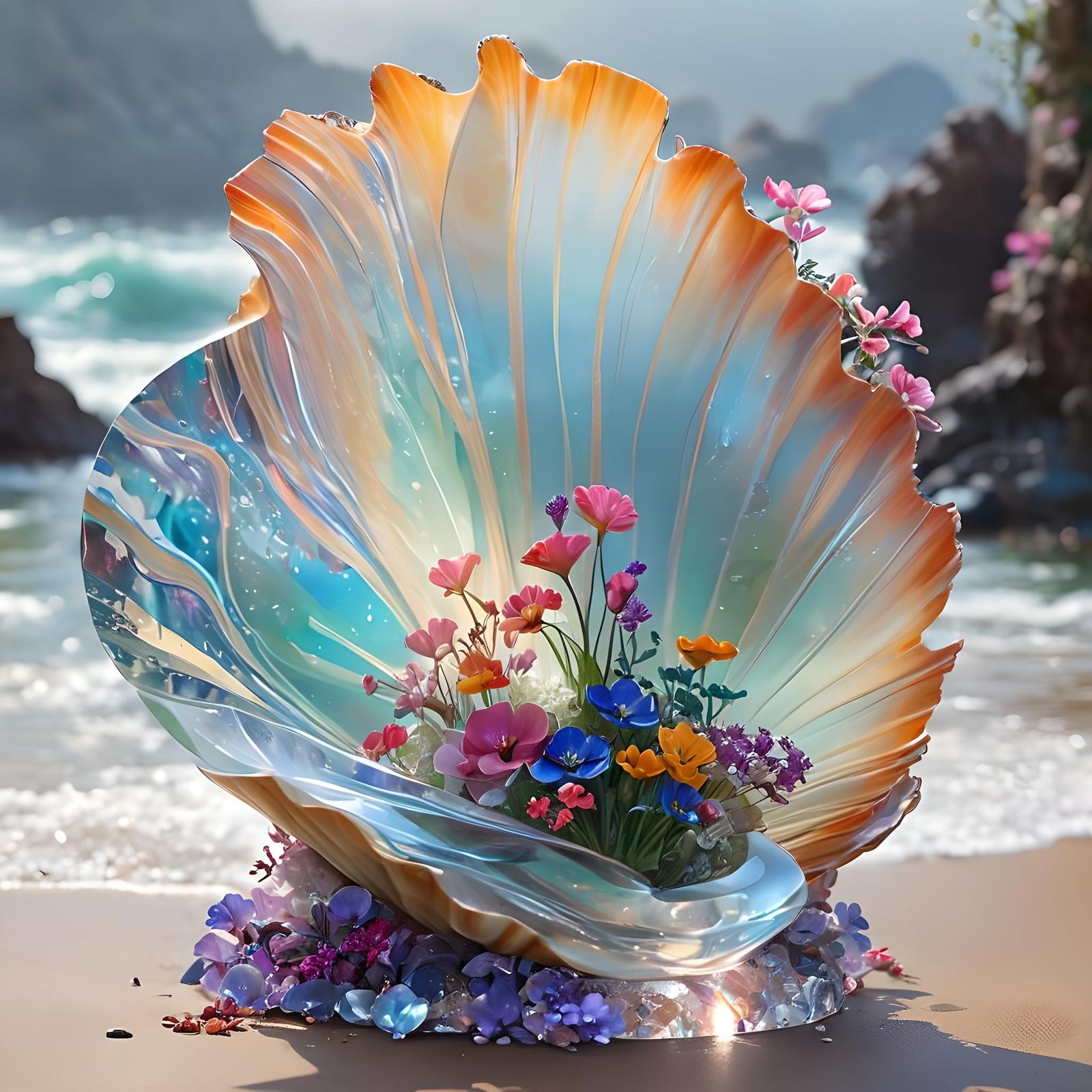 Crystal Shell with Cascading Flowers, Digital Art