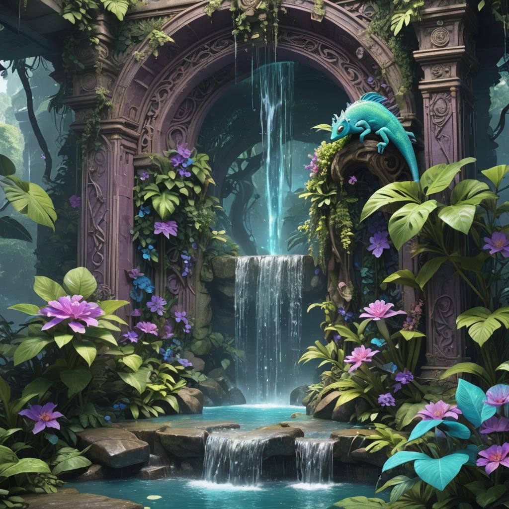 Jungle Waterfall with Chameleon and Iridescent Floral Portal