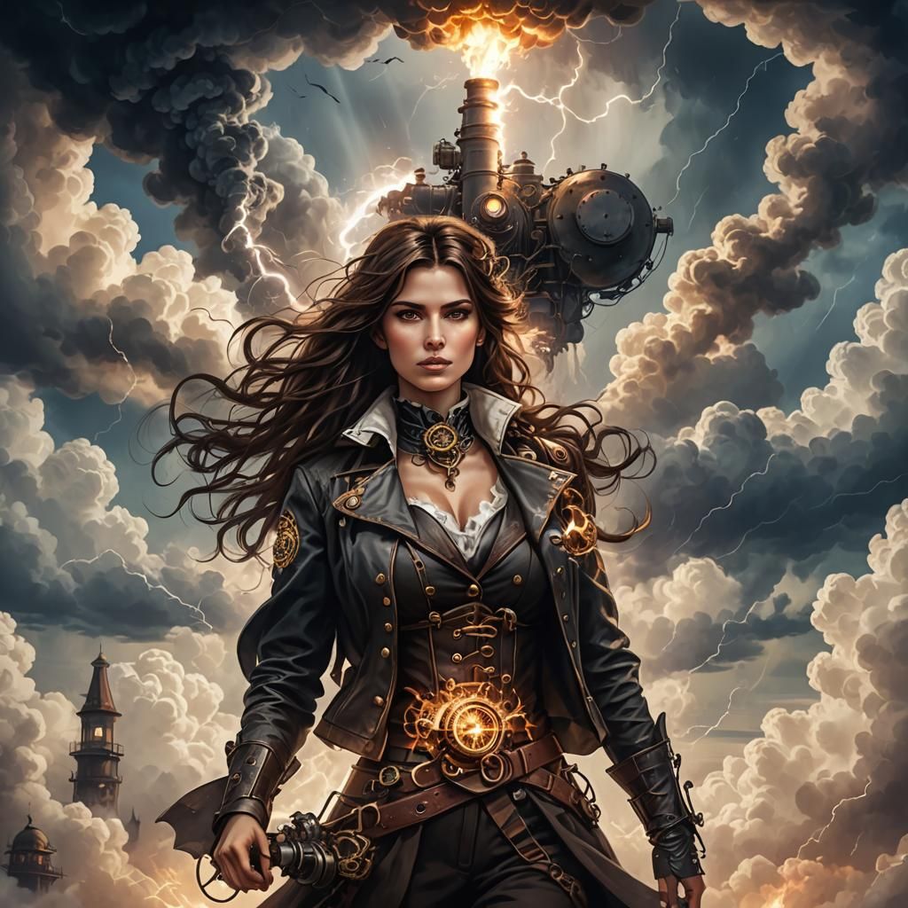 Steampunk Woman with Flaming Heart Amidst Lightning
