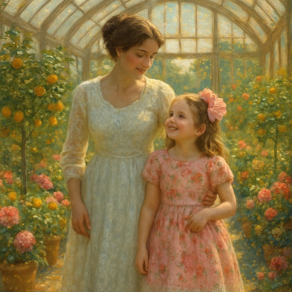 Mother and Daughter Stroll in a Whimsical Greenhouse