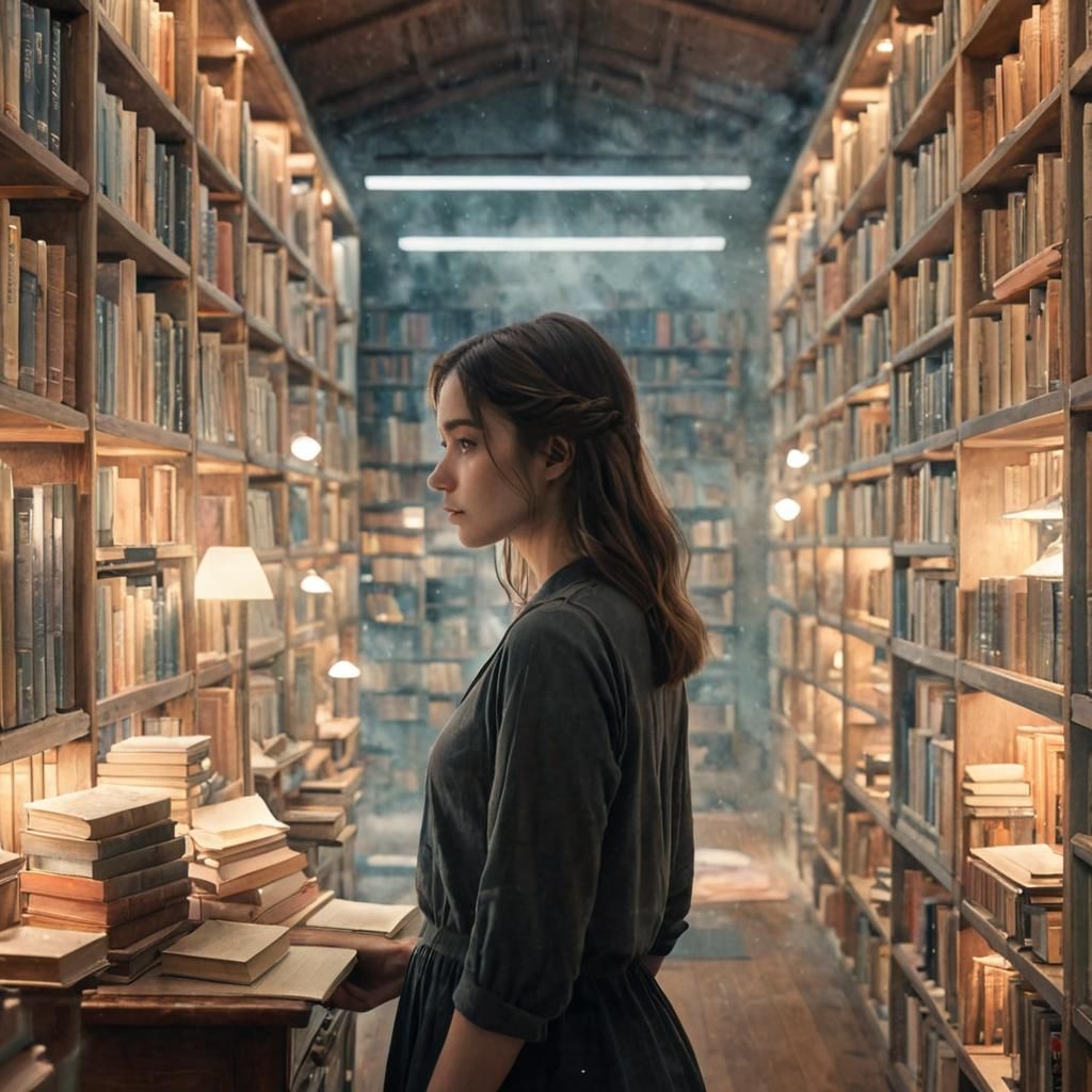 Woman in Library, Watercolor Art in Dreamlike Style