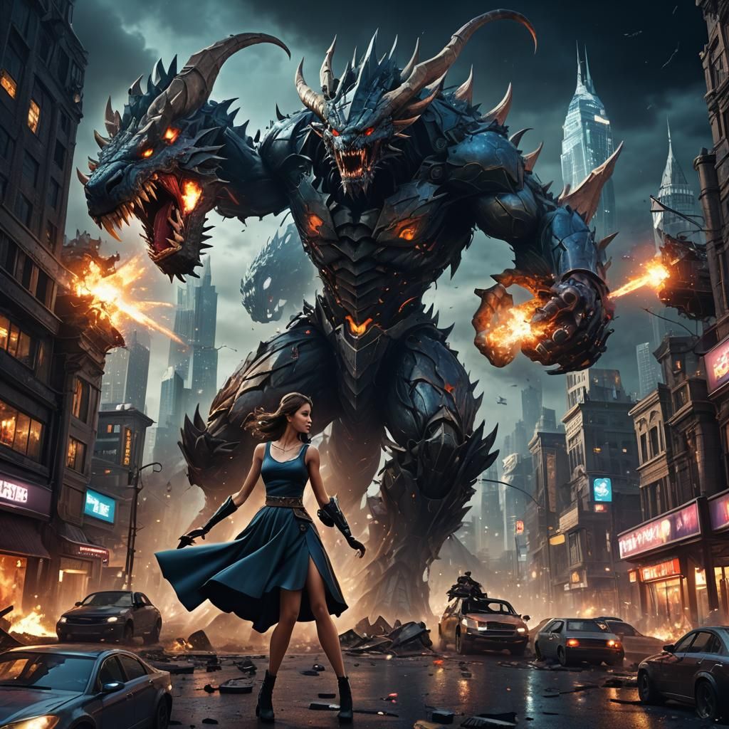 Princess Fights Monster in Glass City, Dark Fantasy Art