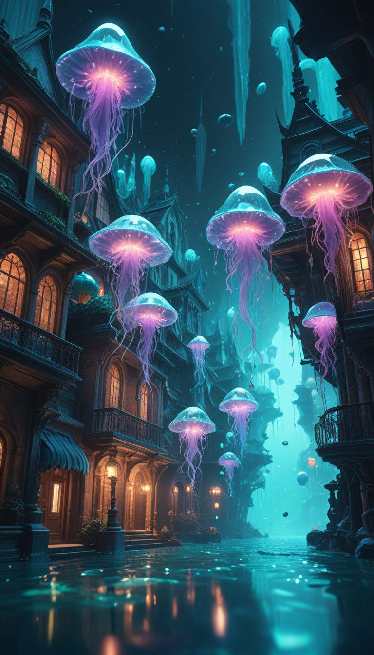 Surreal Submarine Cityscape in Vibrant Gemstone and Iridesce...