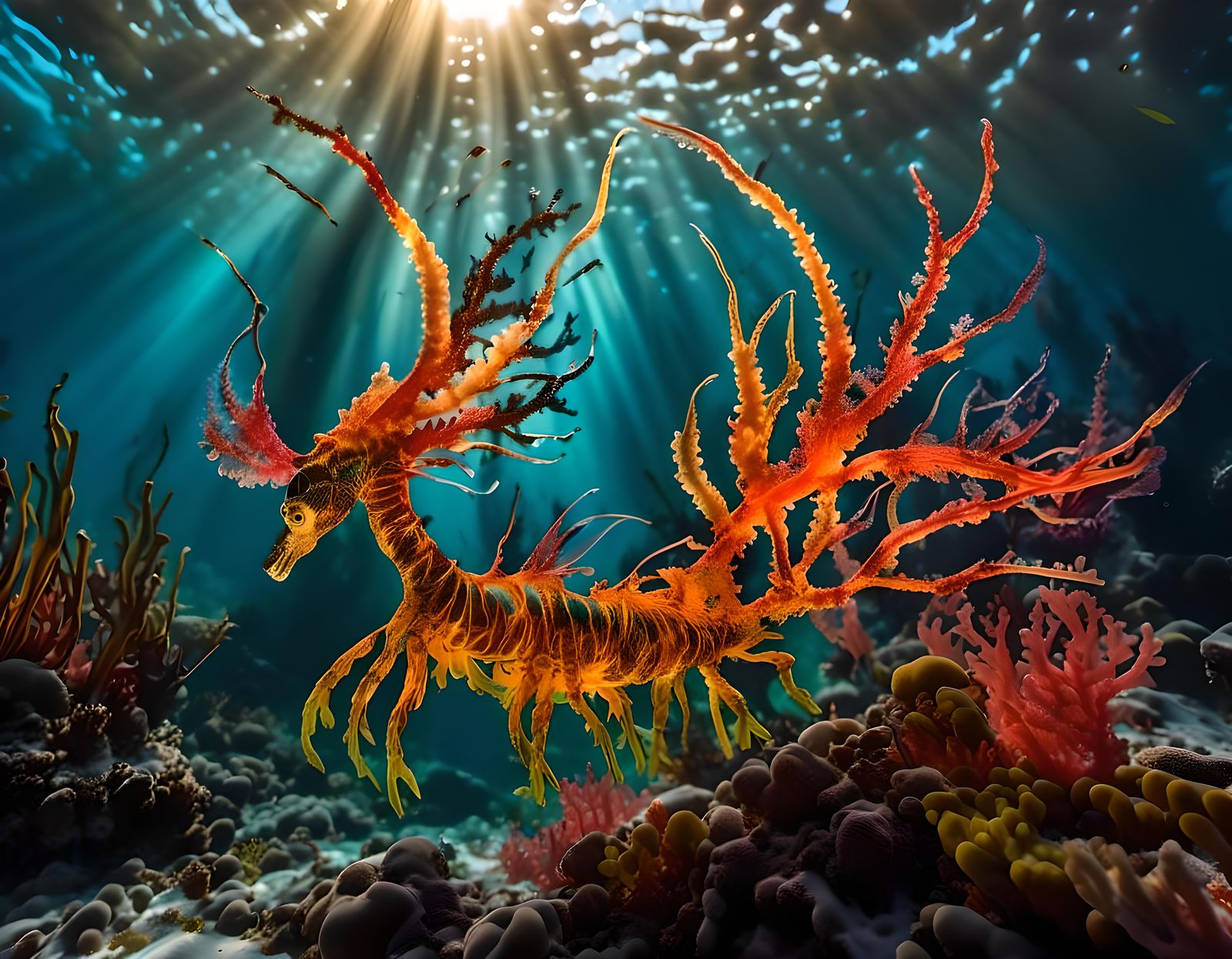A vibrant iridescent leafy sea dragon Adorned with gossamer, leaf-shaped appendages over its entire body , it is perfect...