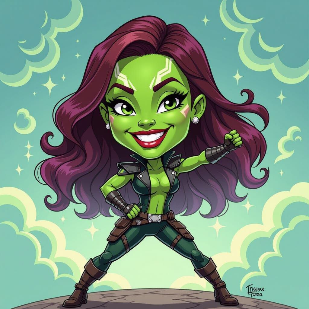 Whimsical Gamora Caricature in Cosmic Clouds