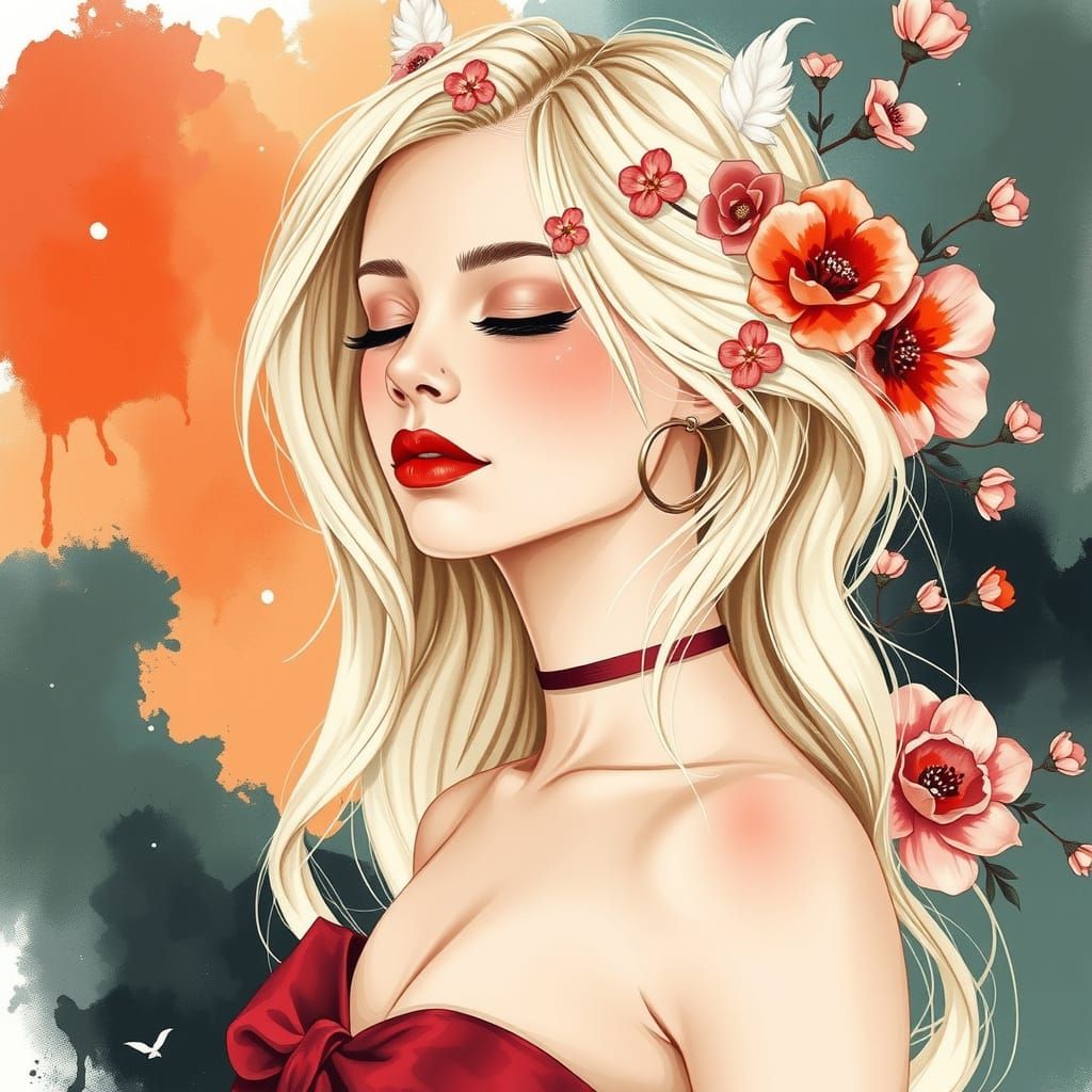 Ethereal Watercolor Portrait of a Woman with Flowers in Her ...