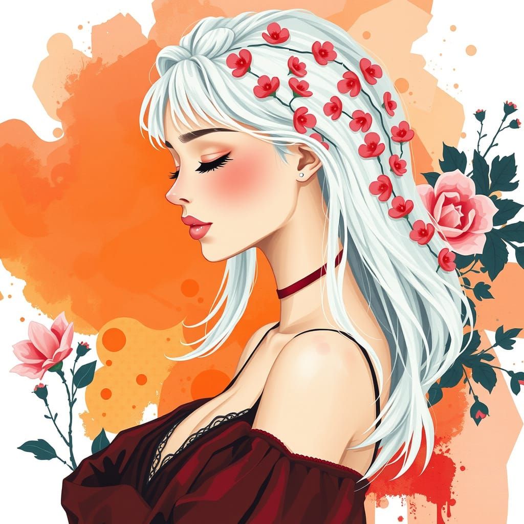 Watercolor Digital Portrait of Woman with Flowers in Hair