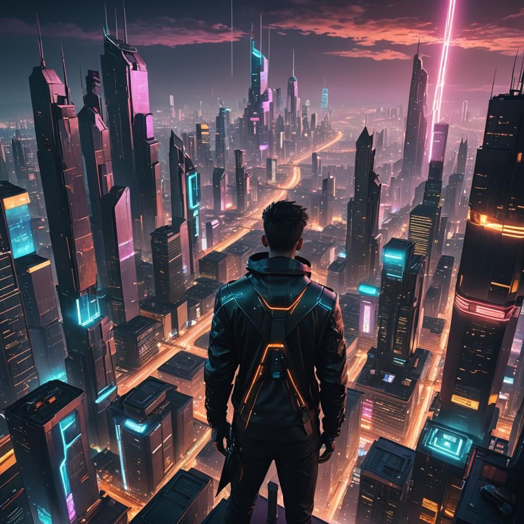 Cyberpunk Entrepreneur Overlooking Neon Cityscape