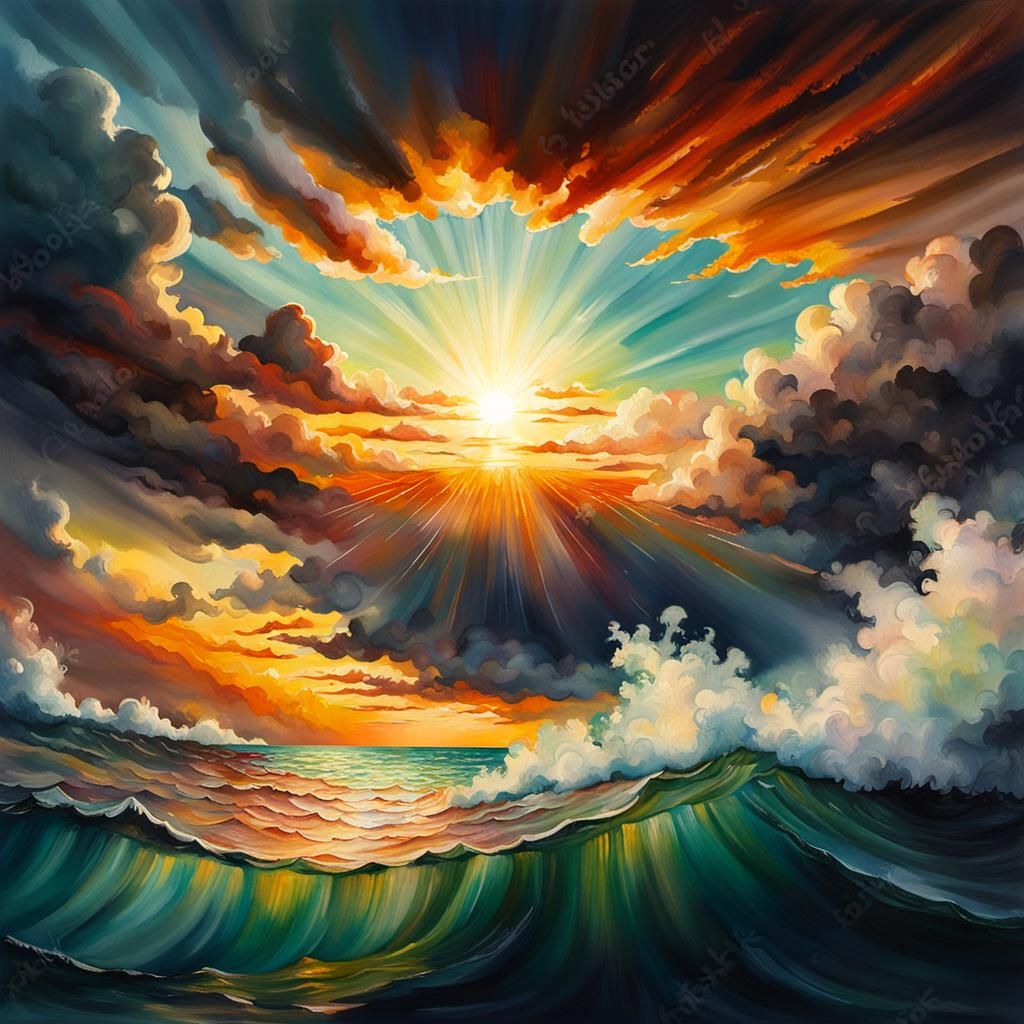 Iridescent Sunset Over Ocean as Gouache Painting