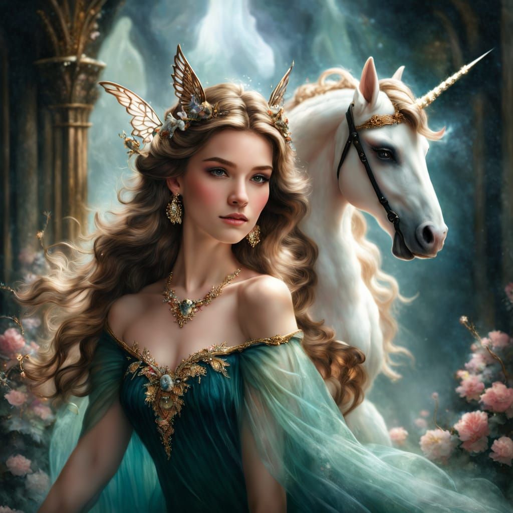 Ethereal Fairy Rides Unicorn in Whimsical Fantasy Landscape