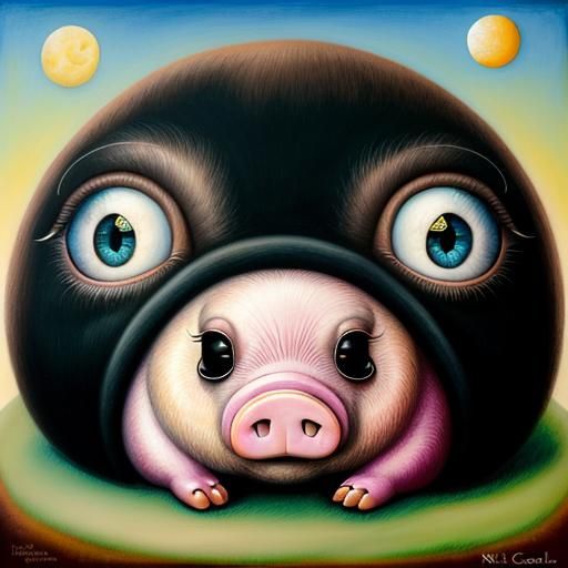 Surreal Pig with Enormous Eyes in Whimsical Landscape