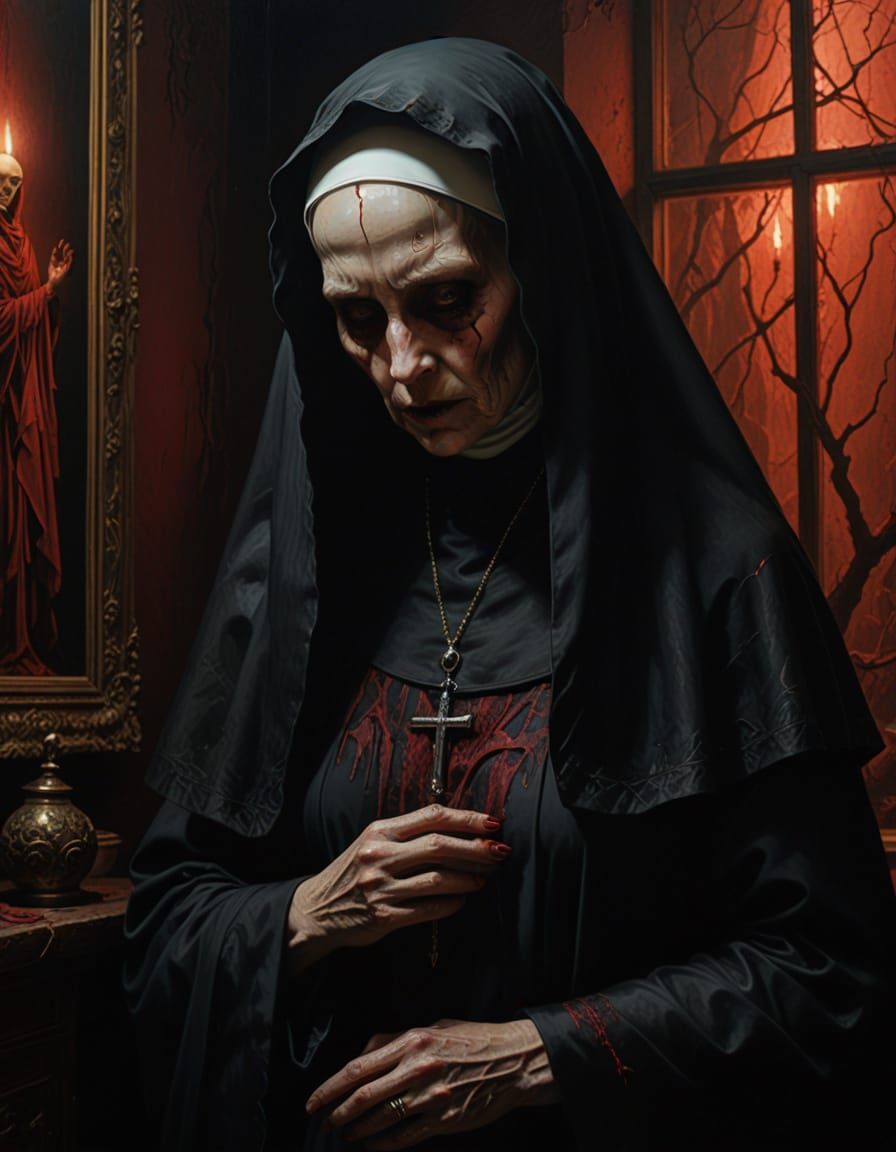 Eerie Dystopian Surrealism: A Haunting Nun Portrait