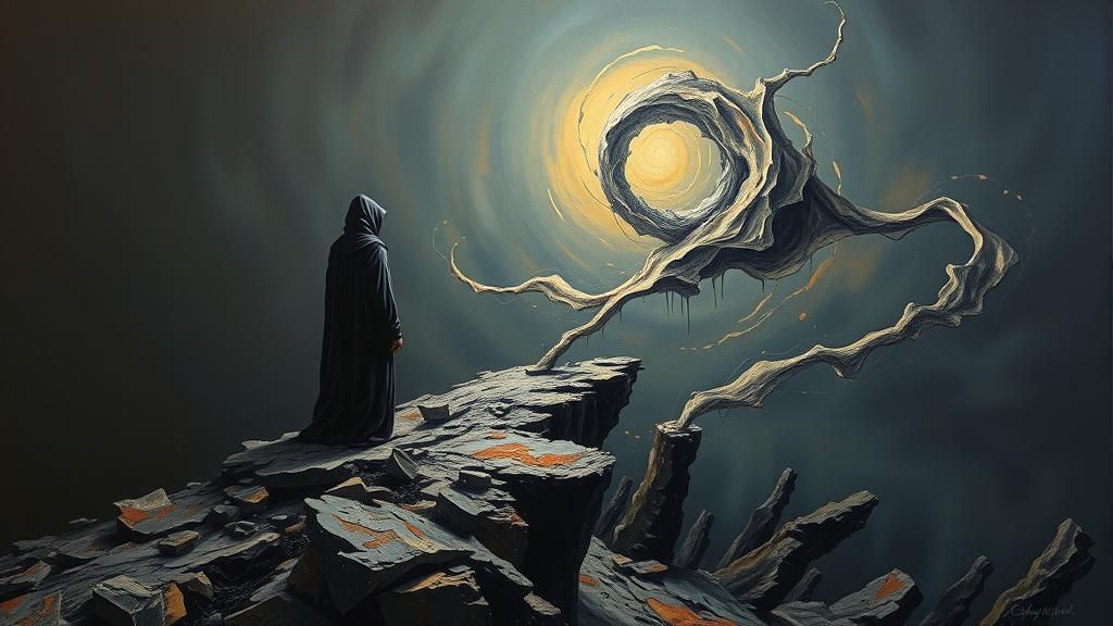 Cloaked Figure in Surreal Dystopian Landscape