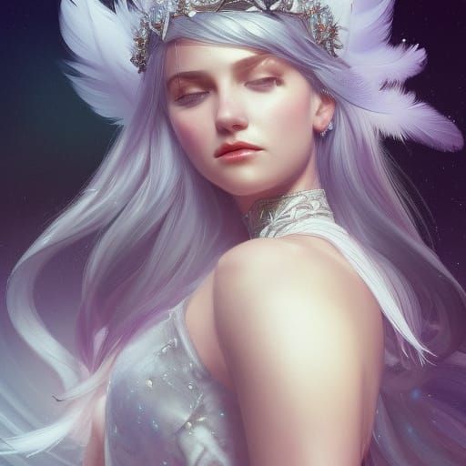 Silver-Haired Princess with Feather Crown, Art Nouveau Style