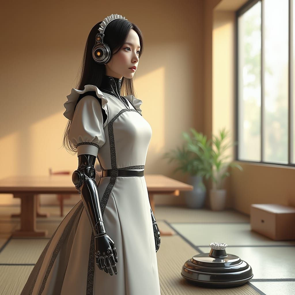 Humanoid Robot Maid in Serene Japanese Living Room