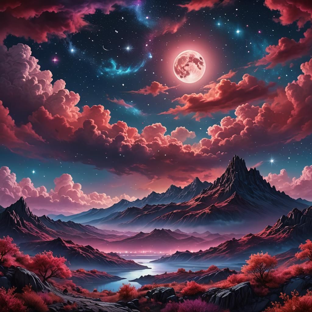 Vibrant Fantasy Moonscape with Twinkling Stars