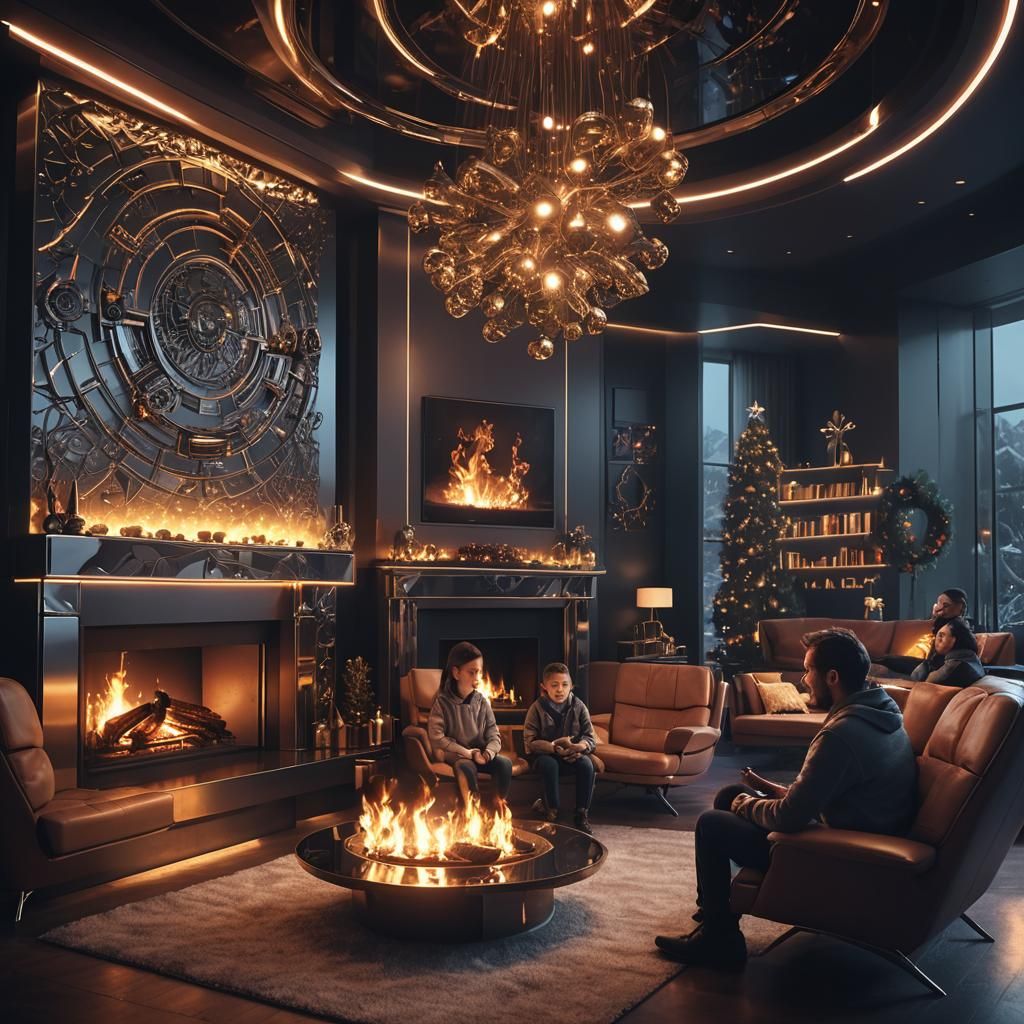 Futuristic Christmas Gathering in High-Tech Living Room