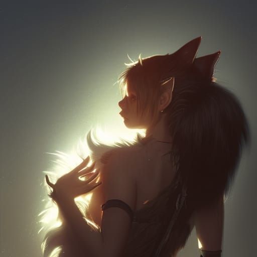 Anime Woman with Cat Features in Dark Fantasy Style