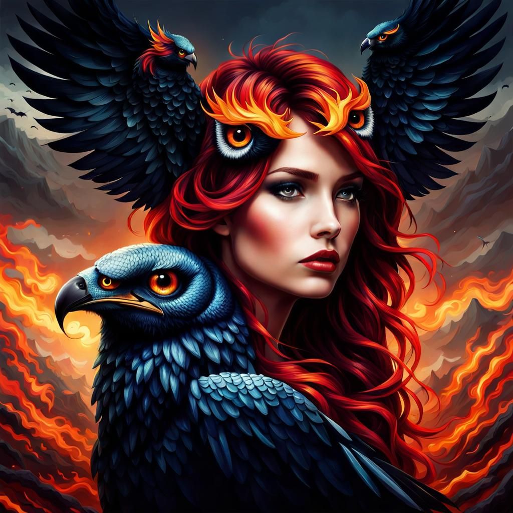 Surreal Woman with Fiery Hair, Raven Wings