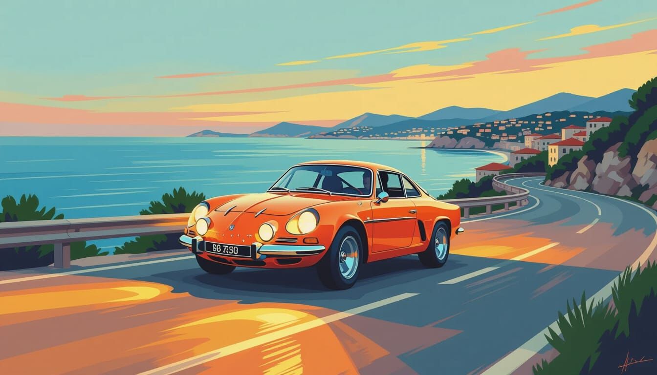 Alpine A110 on the Riviera in Gouache Style