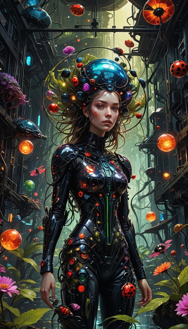 Hyperralism, 

Dark sci-fi flowery swamp scene, 

hot woman, 

alien planet, 

drone shot, 

black cube, 

ladybug, 

my...