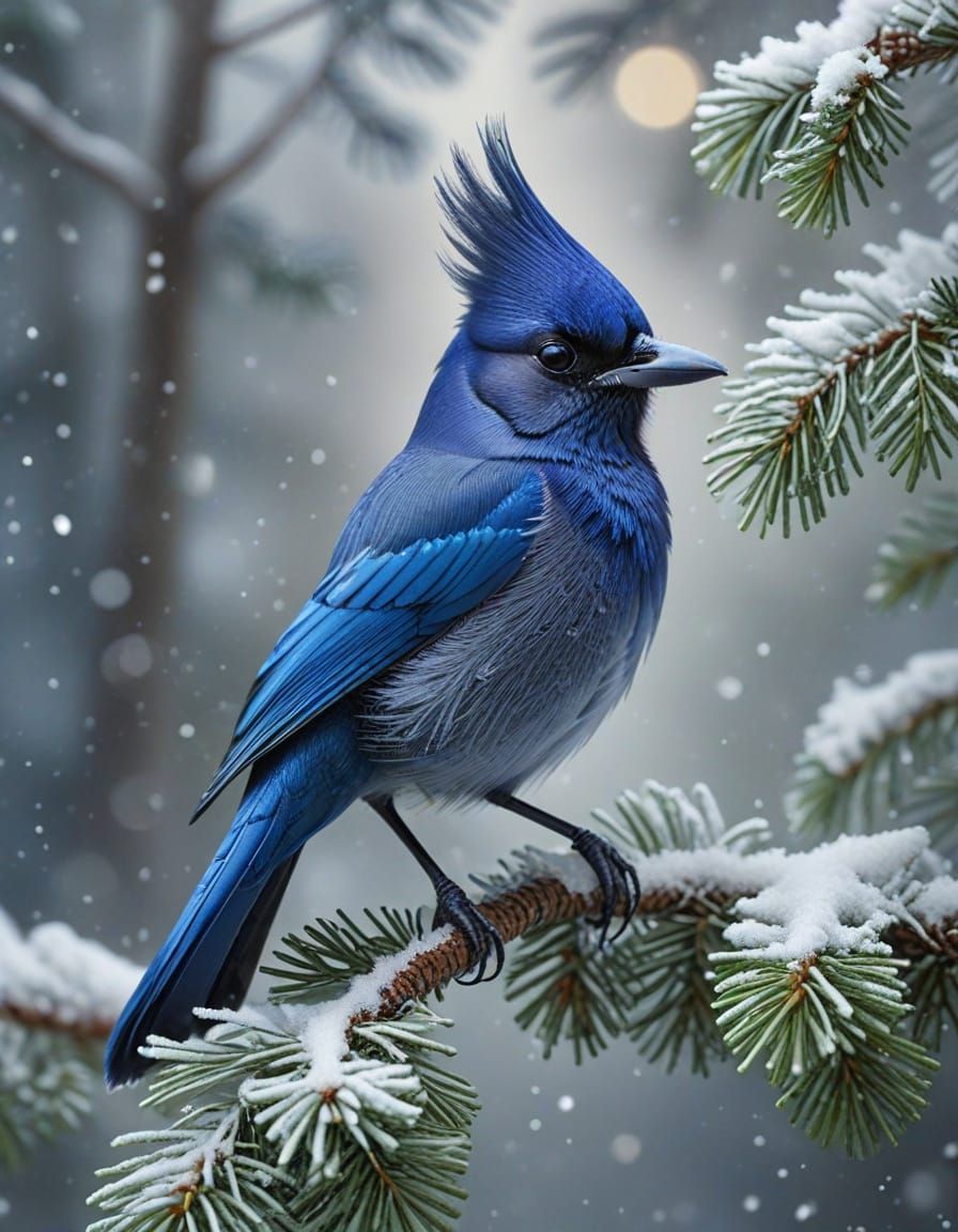 Steller's Jay in Snowlight, Photo-Realistic Style