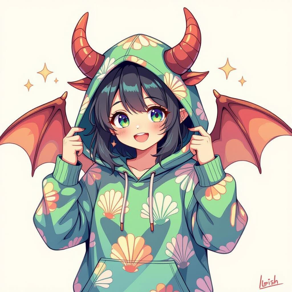 Playful Demon in Paua Shell Hoodie, Loish Style