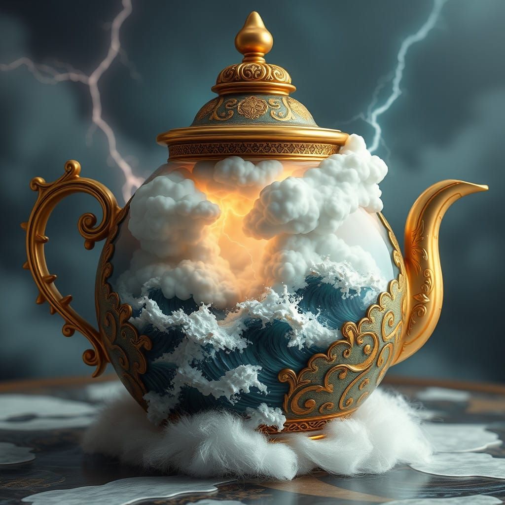 Ethereal Tempest in a Teapot, Whimsical Fantasy Scene