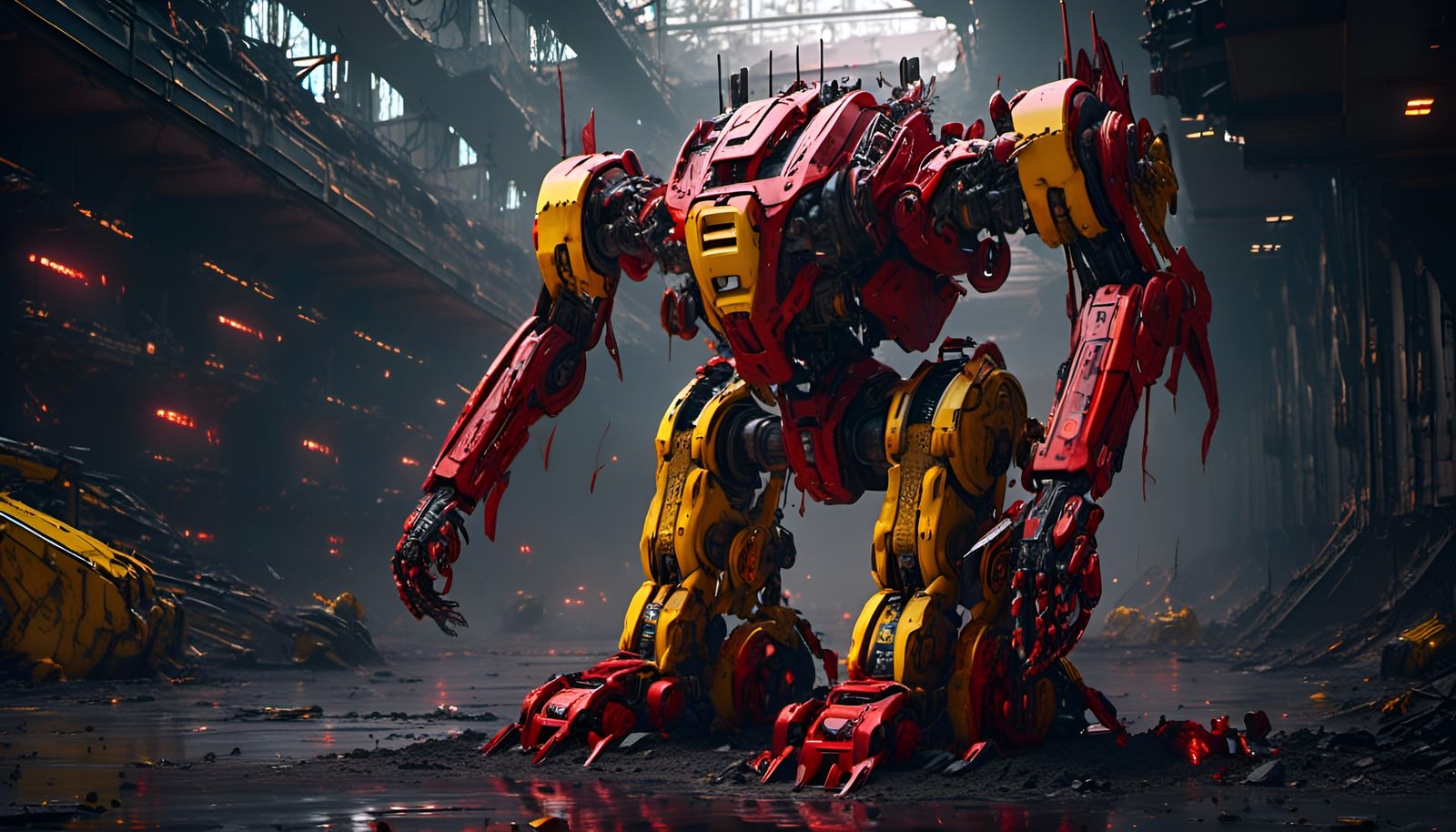 Menacing Red and Yellow Mecha Robot in Sci-Fi Style